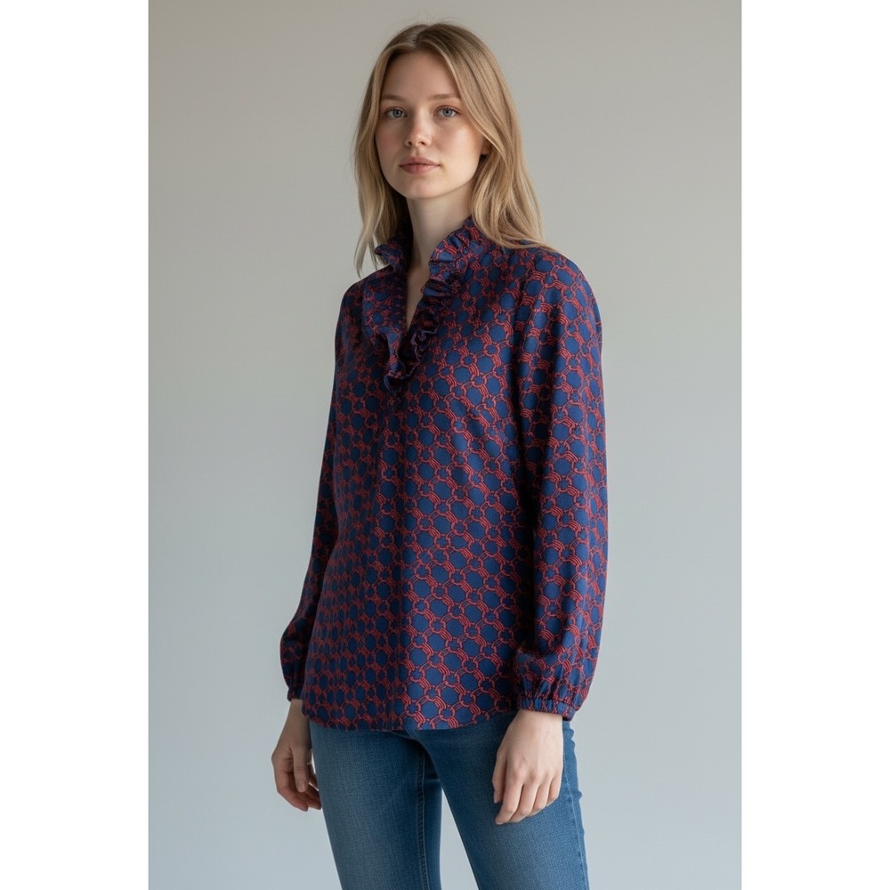 Mud Pie Medium Blouse Navy Red Chain Print Ruffle Neck Tunic